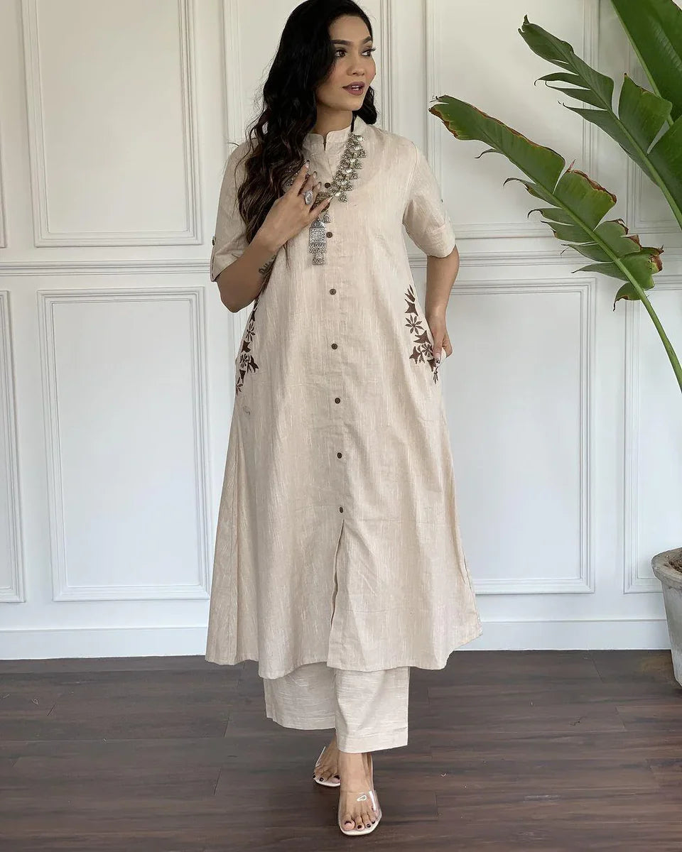 Beige Cotton Kurta Set with Floral Side Embroidery