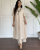 Beige Cotton Kurta Set with Floral Side Embroidery