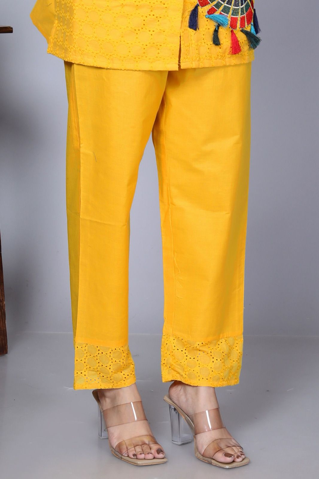 Yellow Sequence Embroidered Cotton Schiffli Co-Ord Set