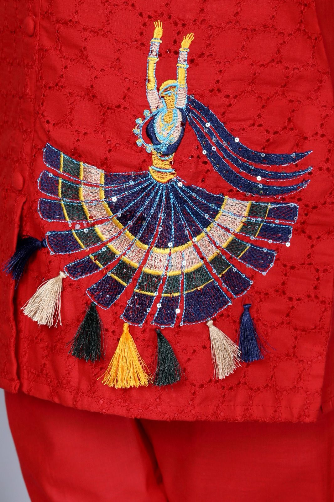 Red Sequence Embroidered Cotton Schiffli Co-Ord Set
