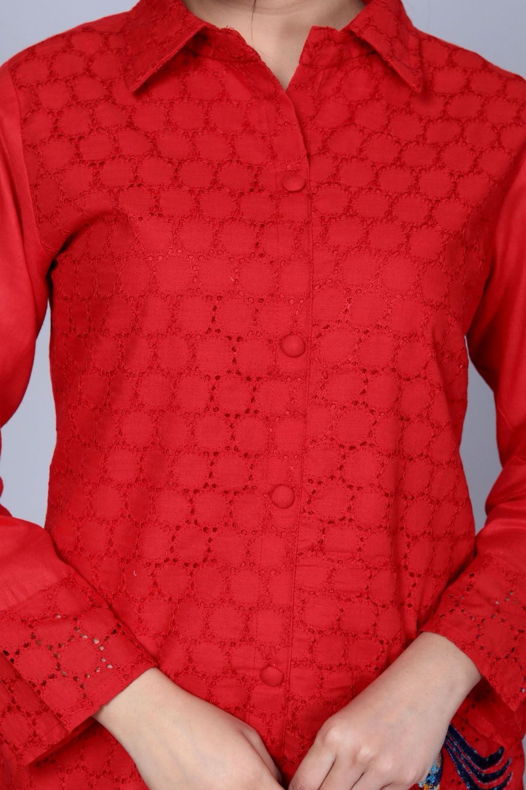 Red Sequence Embroidered Cotton Schiffli Co-Ord Set