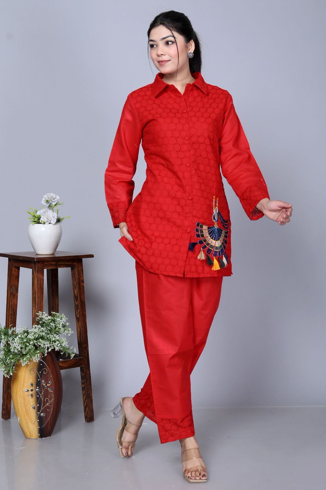 Red Sequence Embroidered Cotton Schiffli Co-Ord Set