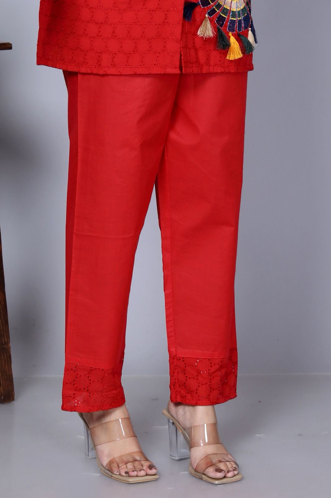 Red Sequence Embroidered Cotton Schiffli Co-Ord Set