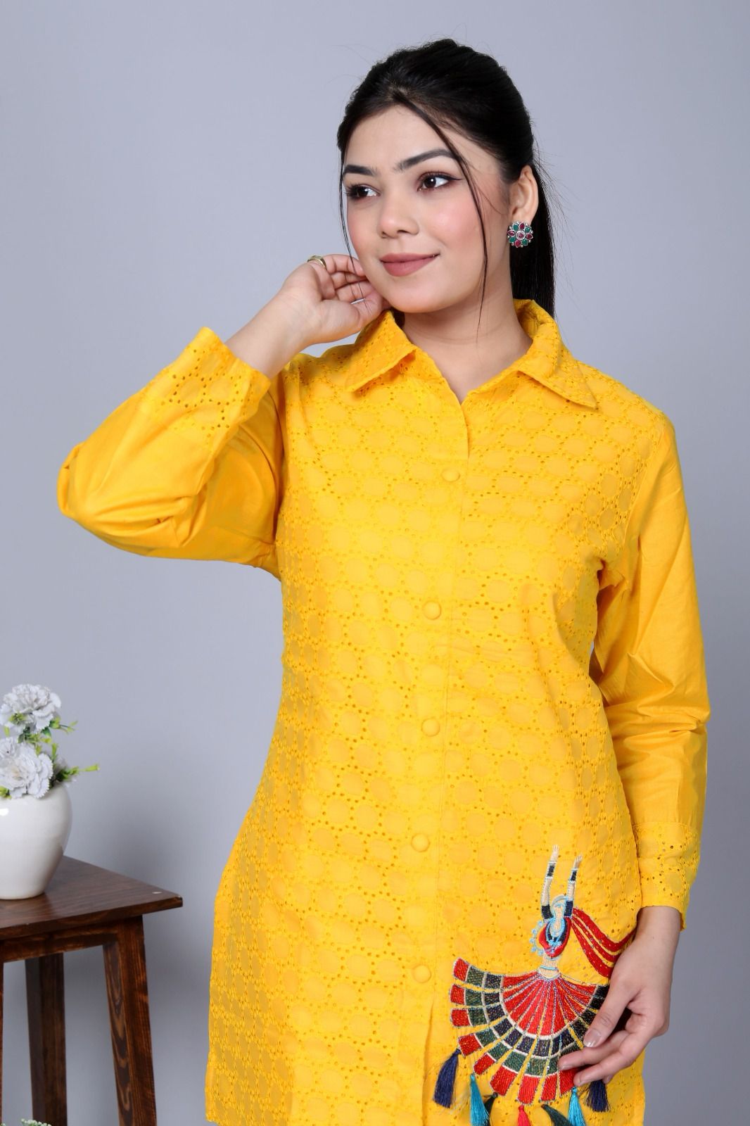 Yellow Sequence Embroidered Cotton Schiffli Co-Ord Set