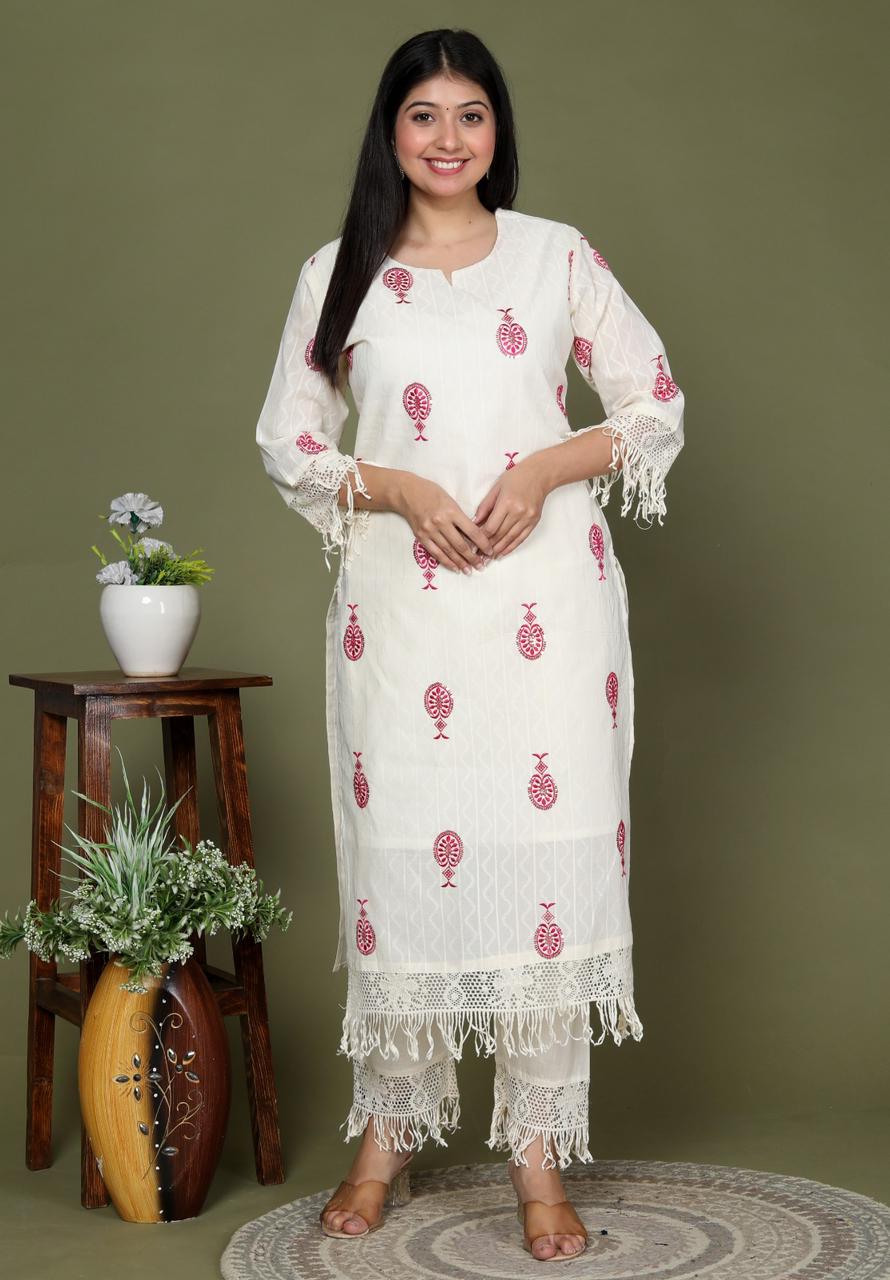 Sequence Embroidered Cotton Dobby Suit Set with Embroidered Dupatta