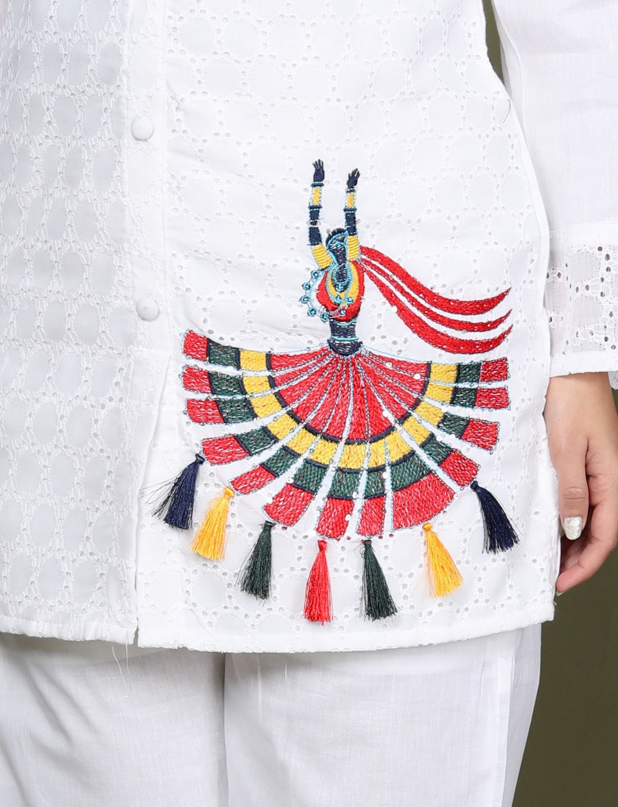 White Sequence Embroidered Cotton Schiffli Co-Ord Set