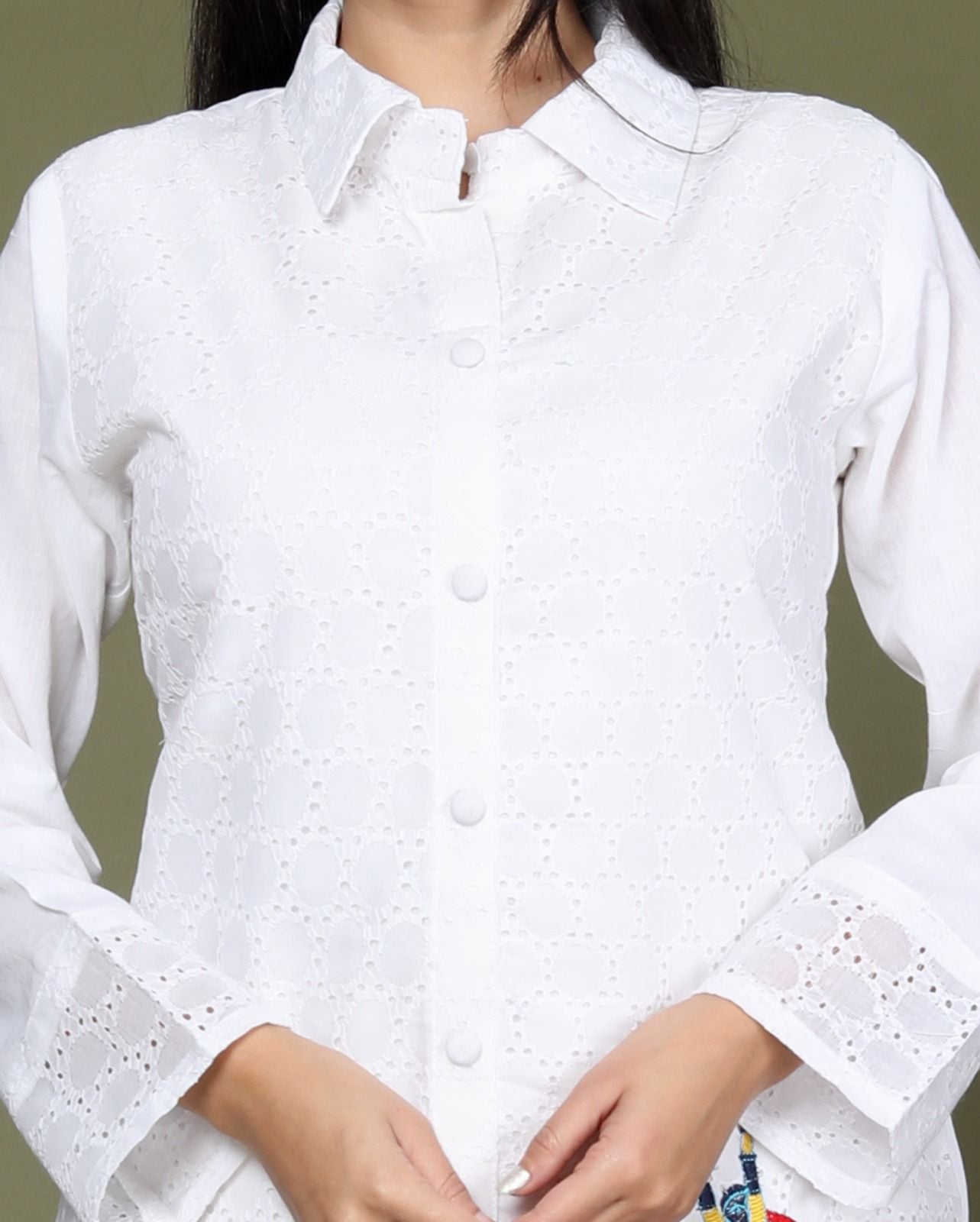 White Sequence Embroidered Cotton Schiffli Co-Ord Set