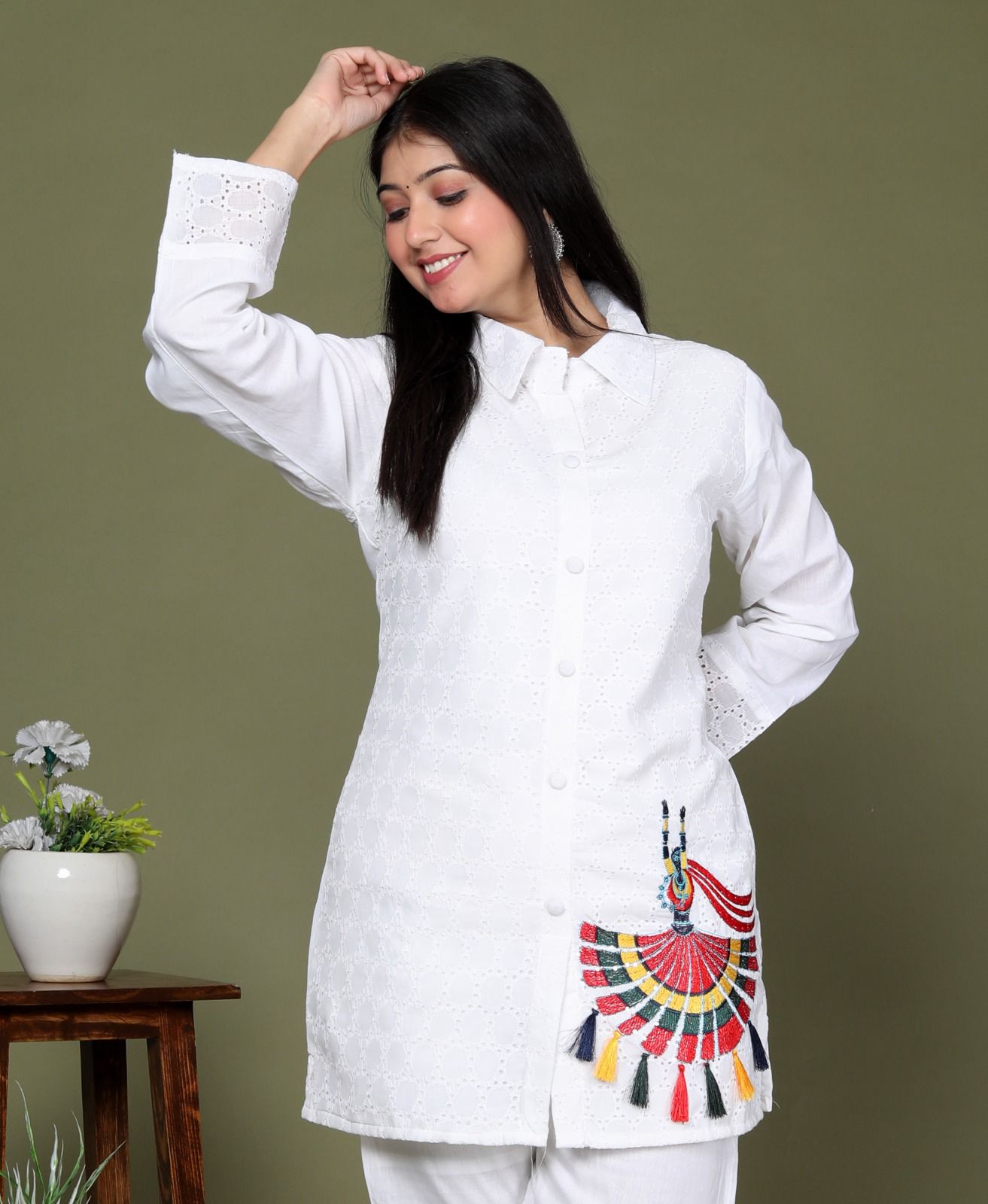 White Sequence Embroidered Cotton Schiffli Co-Ord Set