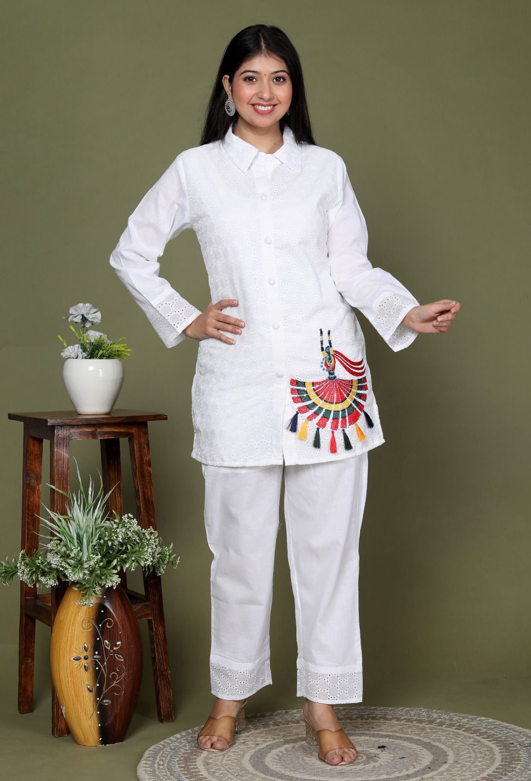 White Sequence Embroidered Cotton Schiffli Co-Ord Set
