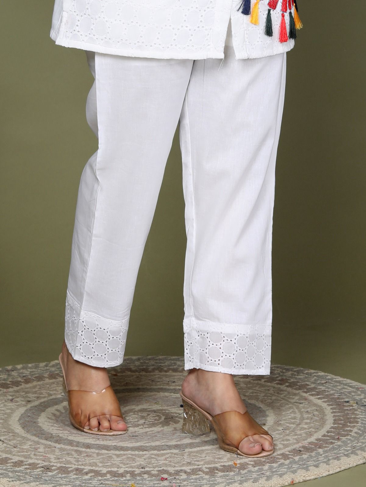White Sequence Embroidered Cotton Schiffli Co-Ord Set