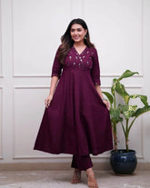 Deep Wine Mirror Work Anarkali Kurta Set