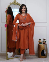 Rust Thread Embroidered Anarkali Set with Bordered Dupatta