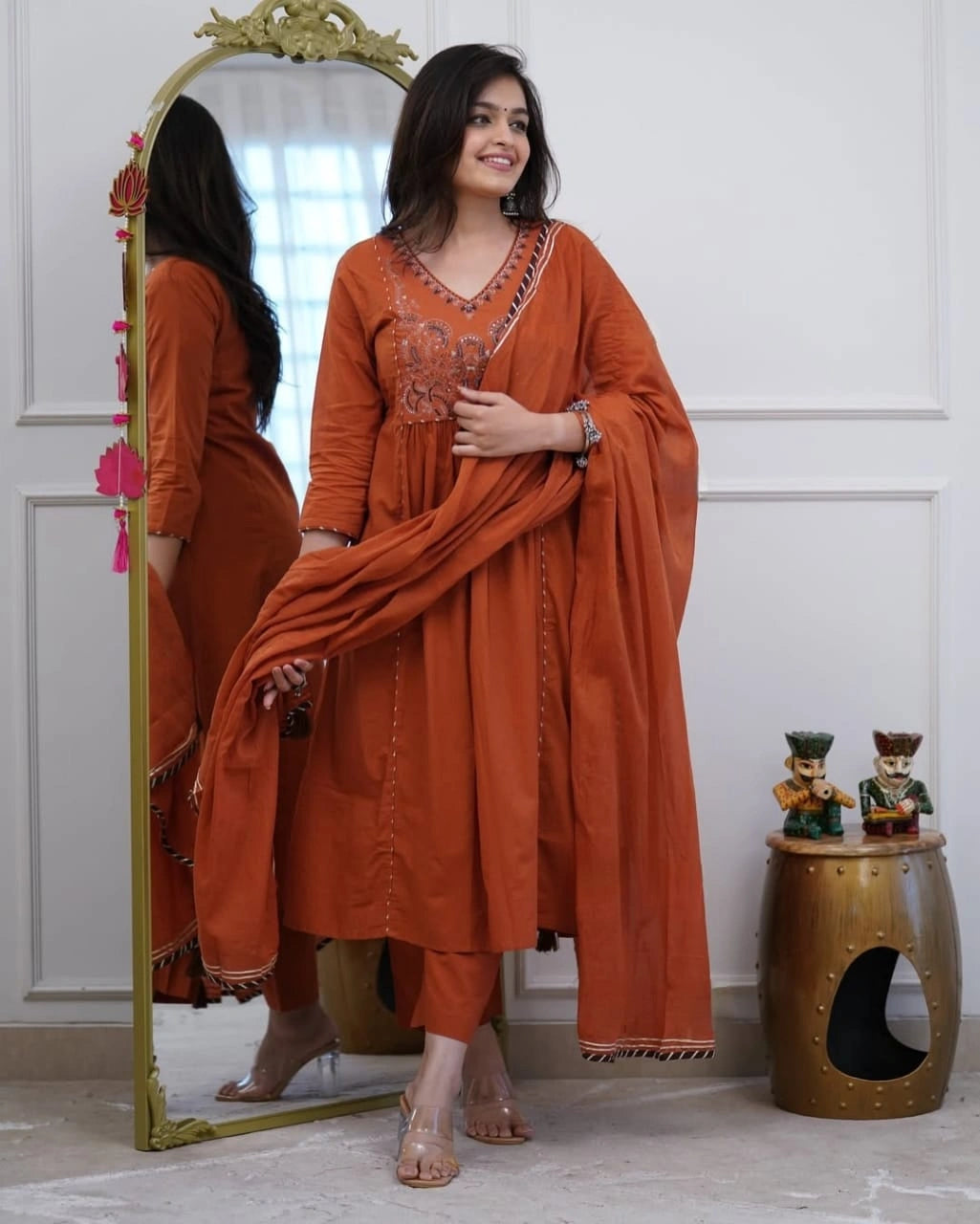 Rust Thread Embroidered Anarkali Set with Bordered Dupatta