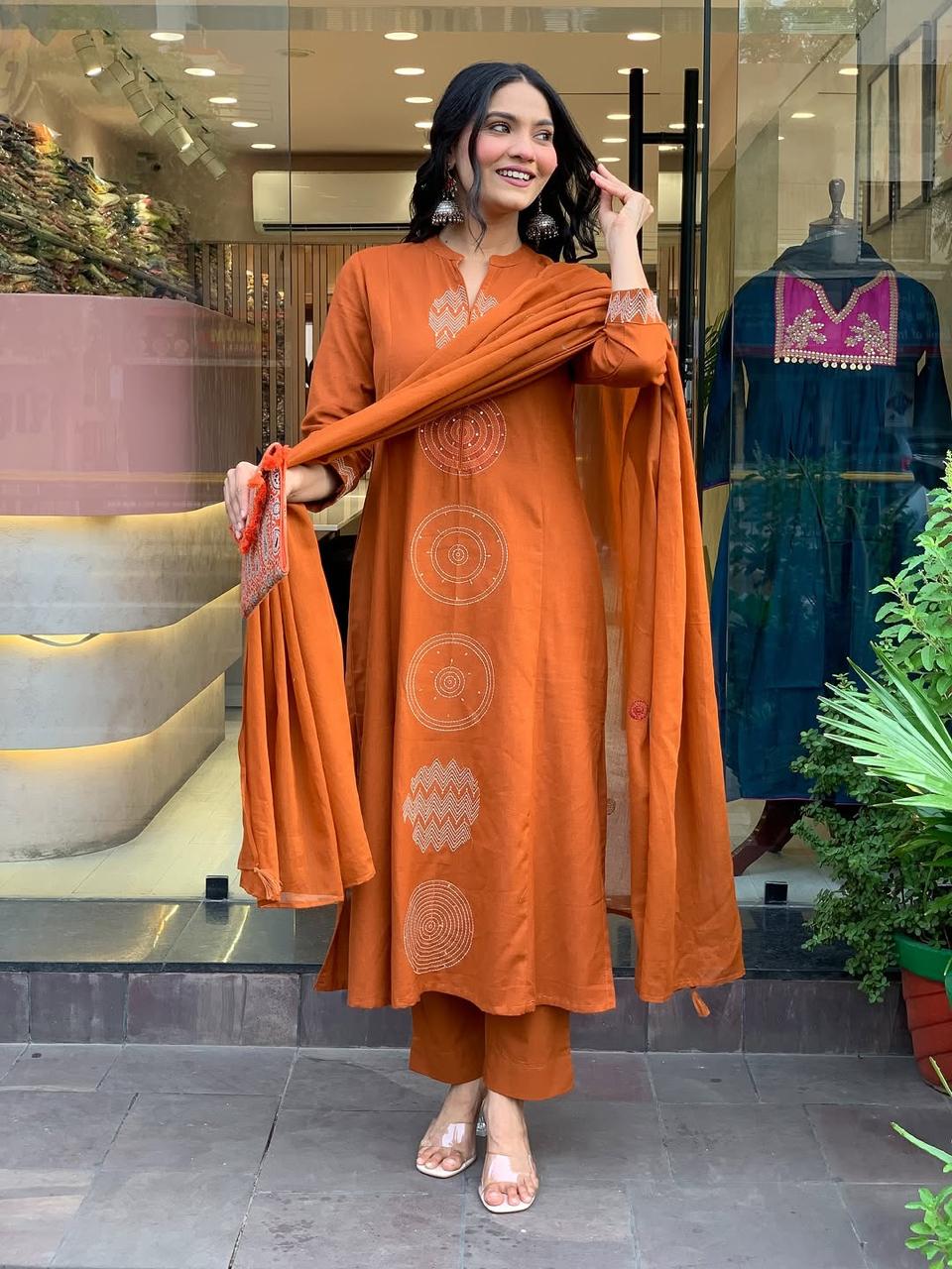 Rust Orange Geometric Thread Embroidered Straight Kurta Set