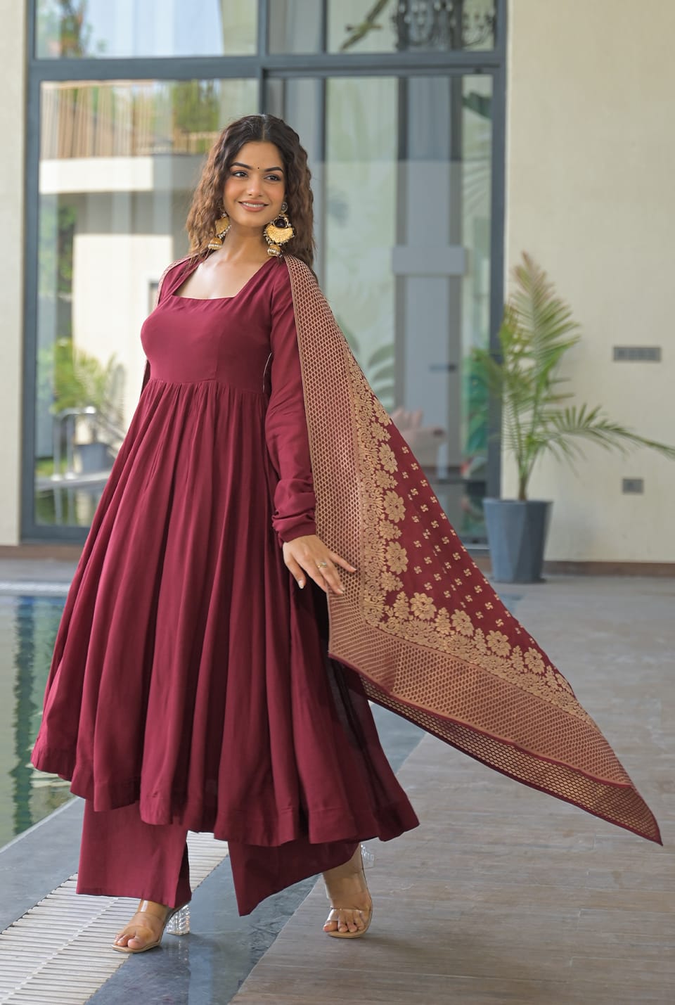 Royal Wine Flared Anarkali with Gold Woven Dupatta
