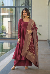 Royal Wine Flared Anarkali with Gold Woven Dupatta