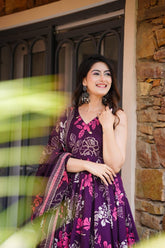 Deep Purple Floral Print Anarkali Kurta Set with Pants & Dupatta – Sleeveless 3-Piece Suit