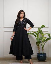 Classic Black Mirror Work Anarkali Suit Set (V-Neck)