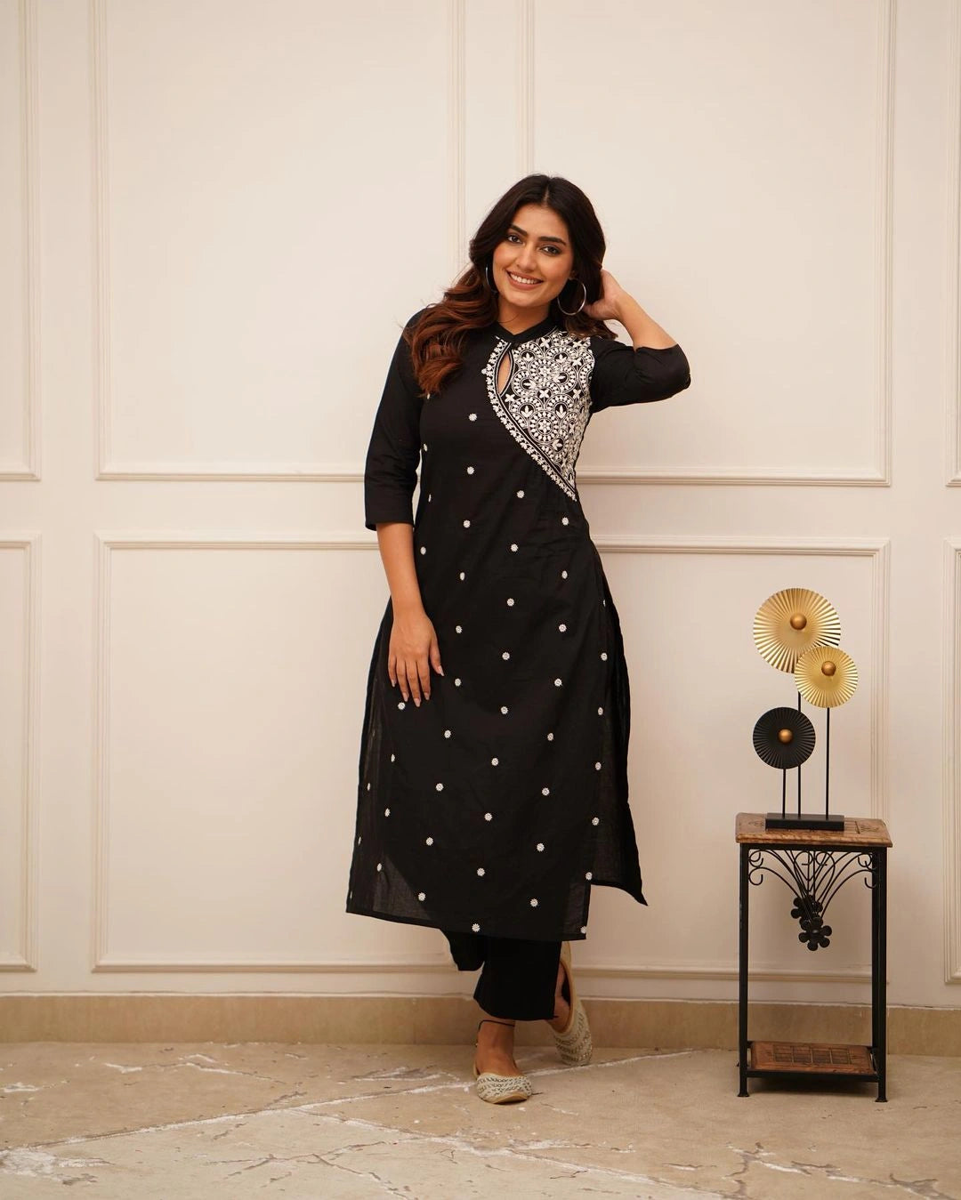 Black & White Asymmetric Embroidered Kurta Set with Pocket