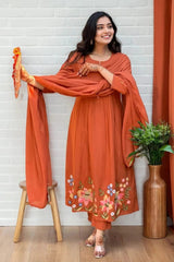 Rust Orange Pintuck Anarkali Set with Floral Hem