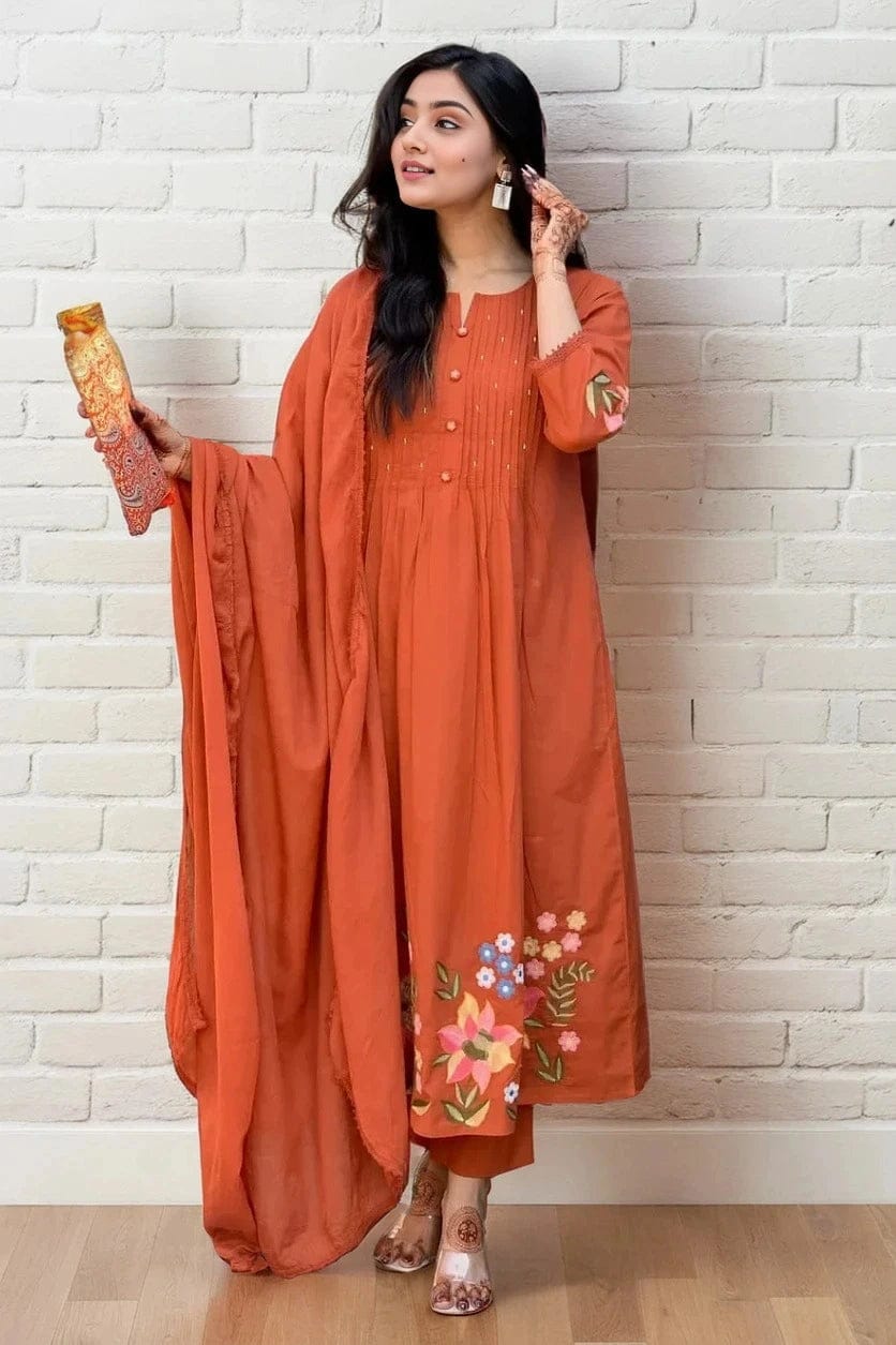 Rust Orange Pintuck Anarkali Set with Floral Hem