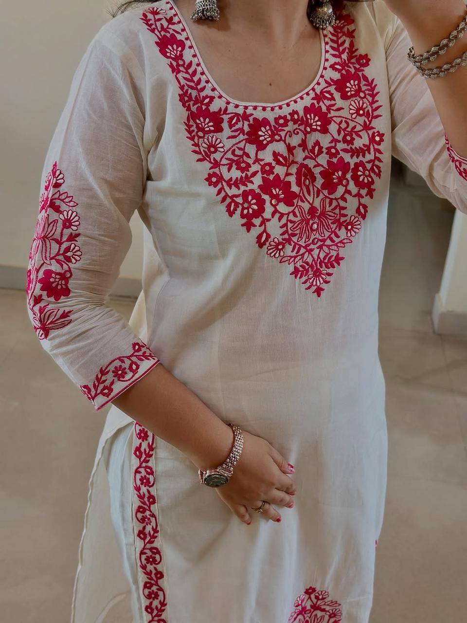 Off-White Cotton Straight Kurta Set with Red Thread Embroidery