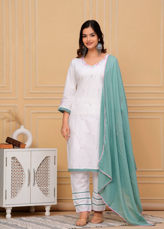 Embroidered White Cotton Kurta and Pant Set with Dupatta