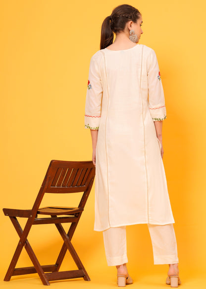 Embroidered Off White Cotton Kurta and Pant set