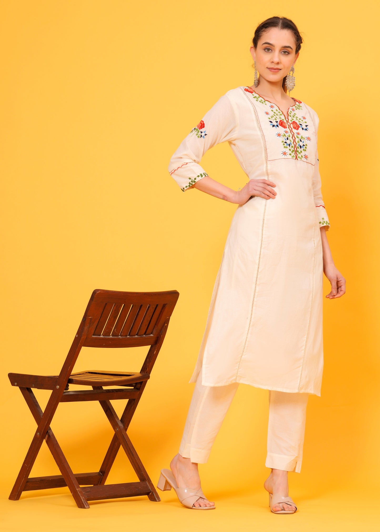 Embroidered Off White Cotton Kurta and Pant set