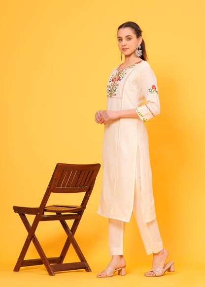 Embroidered Off White Cotton Kurta and Pant set