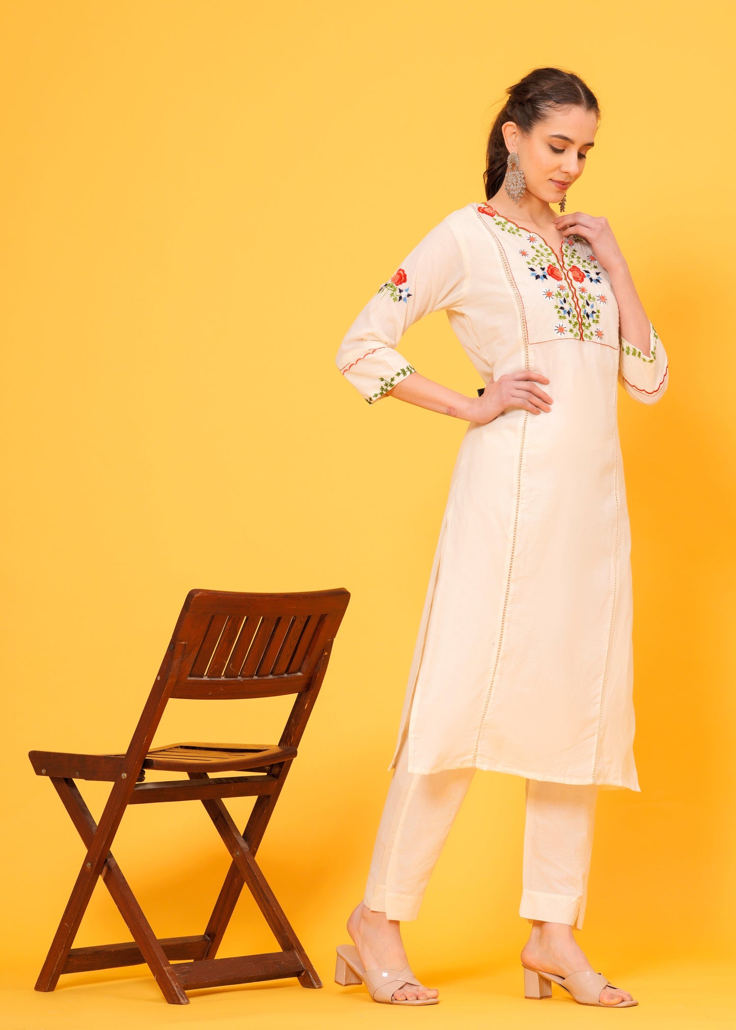 Embroidered Off White Cotton Kurta and Pant set