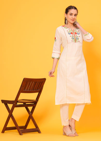 Embroidered Off White Cotton Kurta and Pant set