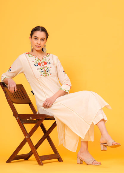 Embroidered Off White Cotton Kurta and Pant set