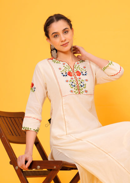 Embroidered Off White Cotton Kurta and Pant set