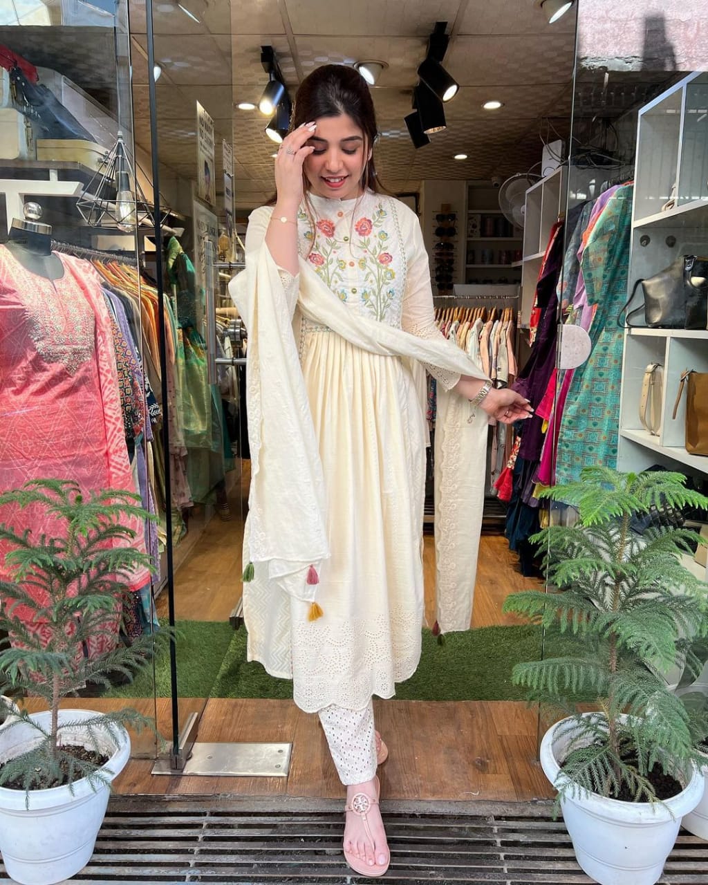 Embroidered Cotton Schiffli Kurta and Pant Set with Dupatta