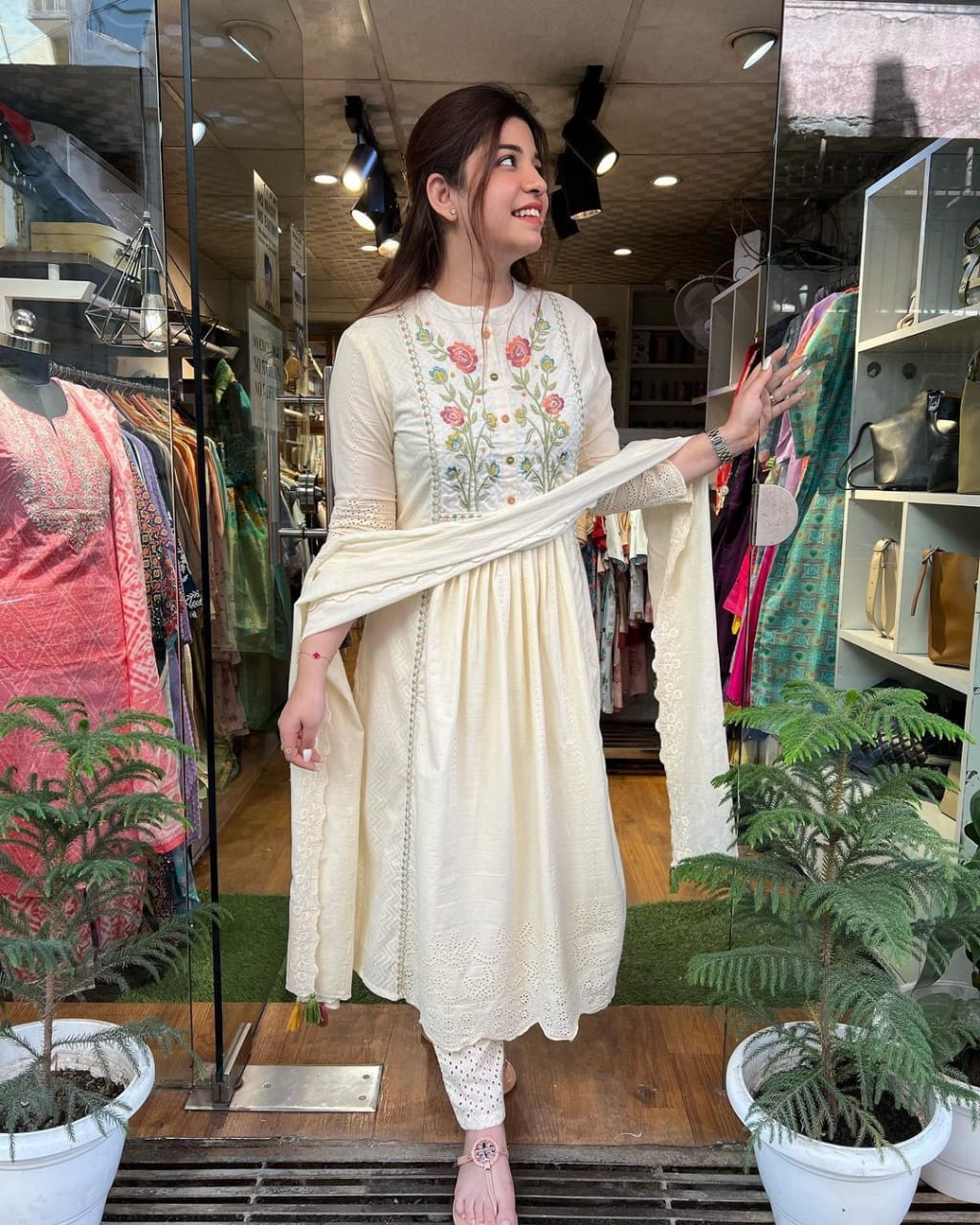 Embroidered Cotton Schiffli Kurta and Pant Set with Dupatta