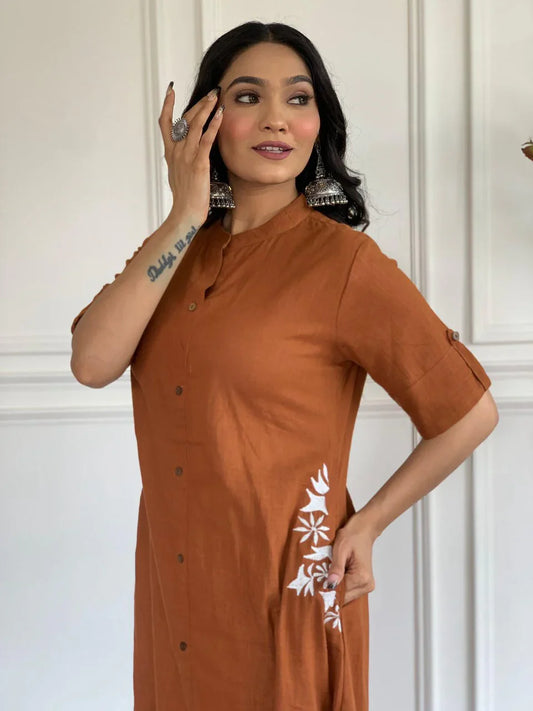 Rusty Brown Cotton Kurta Set With Pocket Side Embroidery