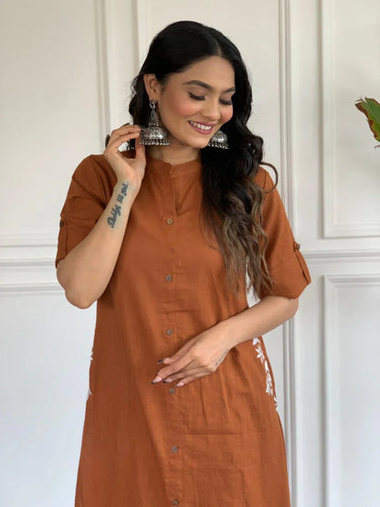 Rusty Brown Cotton Kurta Set With Pocket Side Embroidery