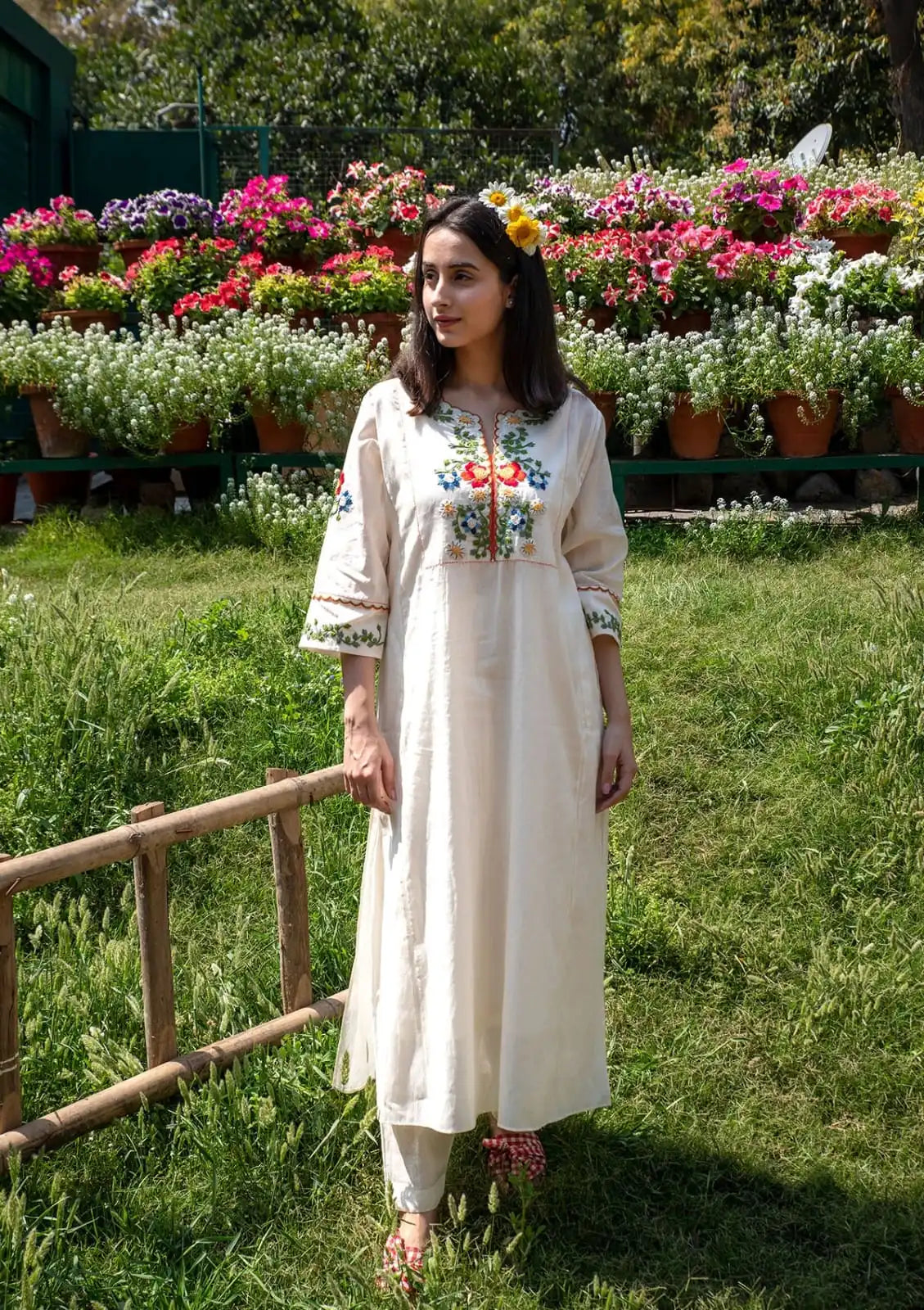 Floral Embroidered Cotton Kurta And Pant Set