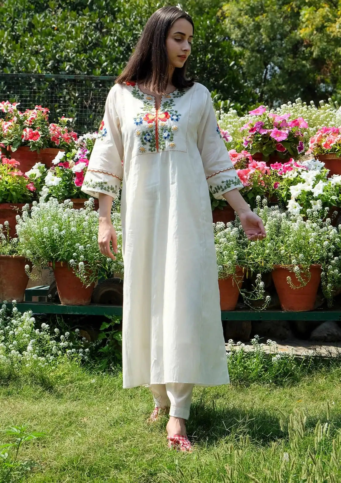 Floral Embroidered Cotton Kurta And Pant Set