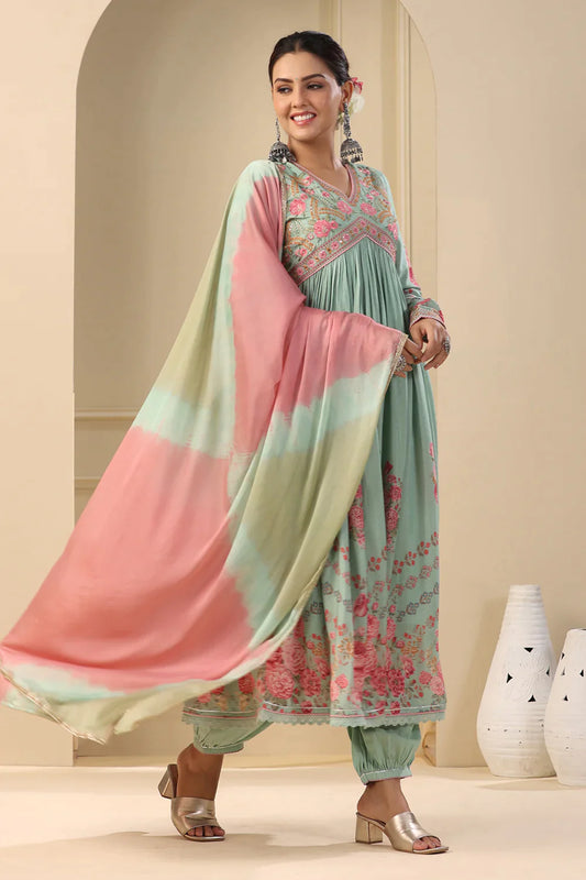 Sage Green Embroidered Floral Printed Muslin Anrkali Suit Set with Dupatta