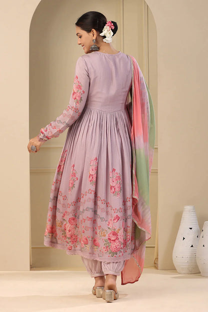 Blossom Embroidered Muslin Floral Printed Anarkali Suit Set with Dupatta