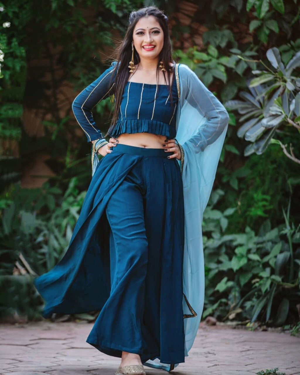 Teal Blue Crop Top and Open Skirt Palazzo with Dupatta