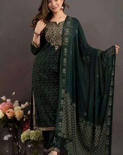 Sequence Embroidered Dark Green Kurta and Pant Set with Dupatta