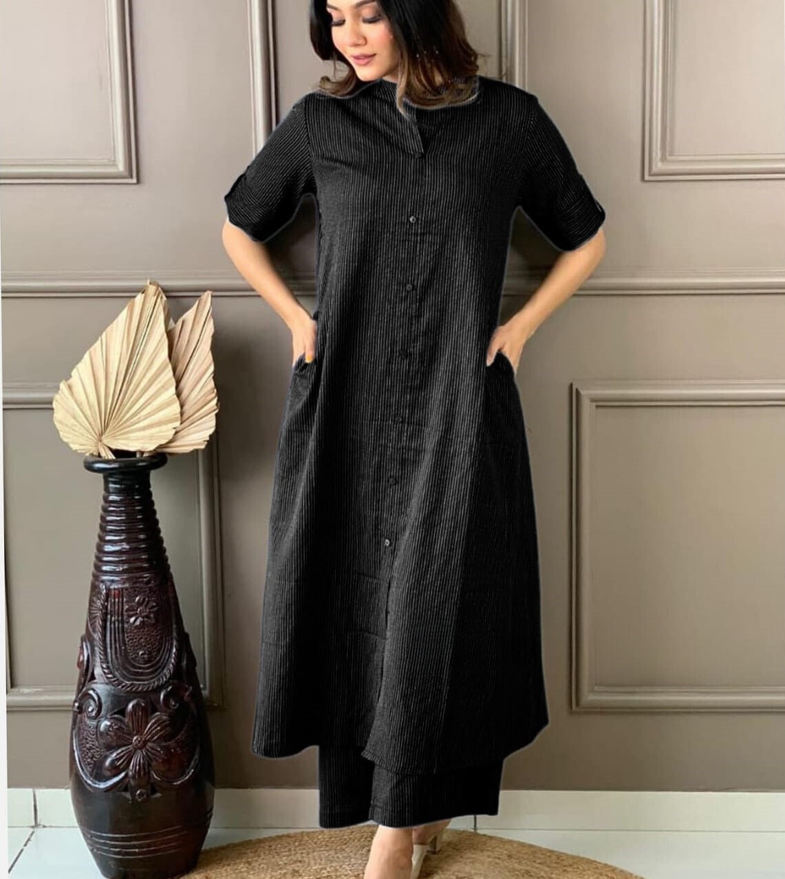 Black Katha Cotton Kurta and Palazzo Set