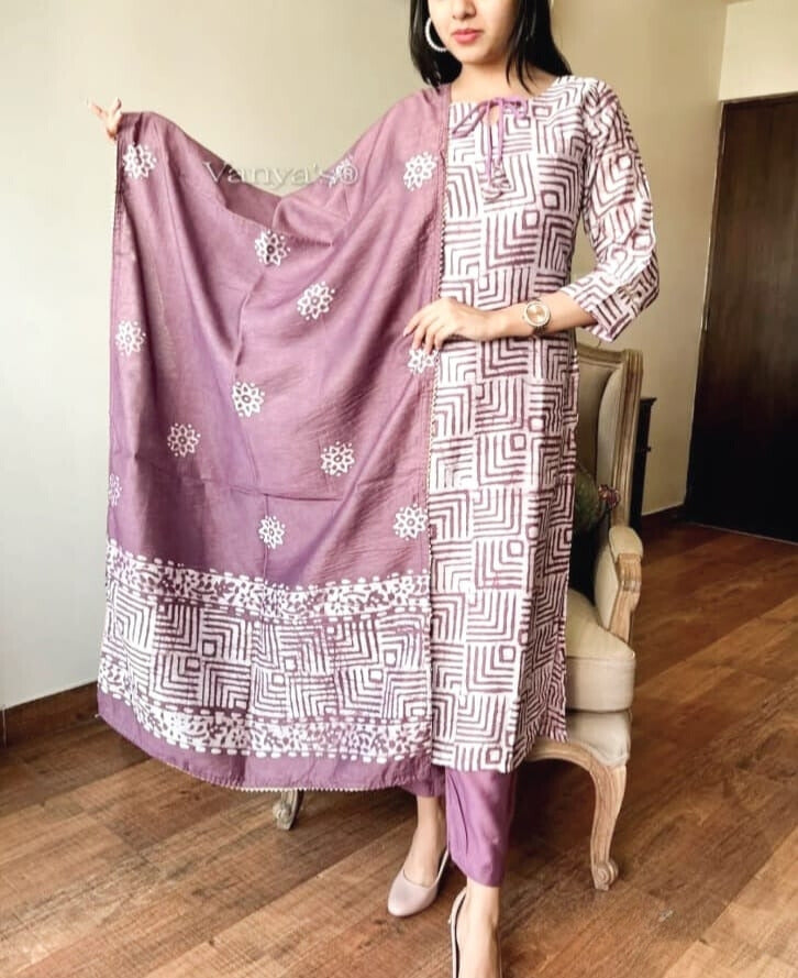 Dusky Purple Procion Printed Suit Set with Dupatta