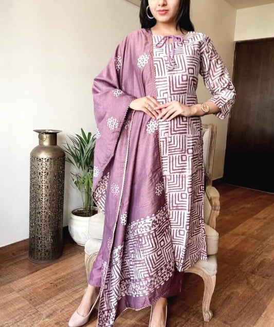 Dusky Purple Procion Printed Suit Set with Dupatta