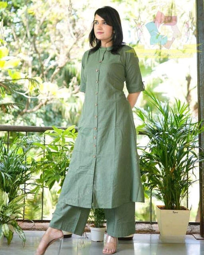 Green Katha Cotton Kurta and Palazzo Set