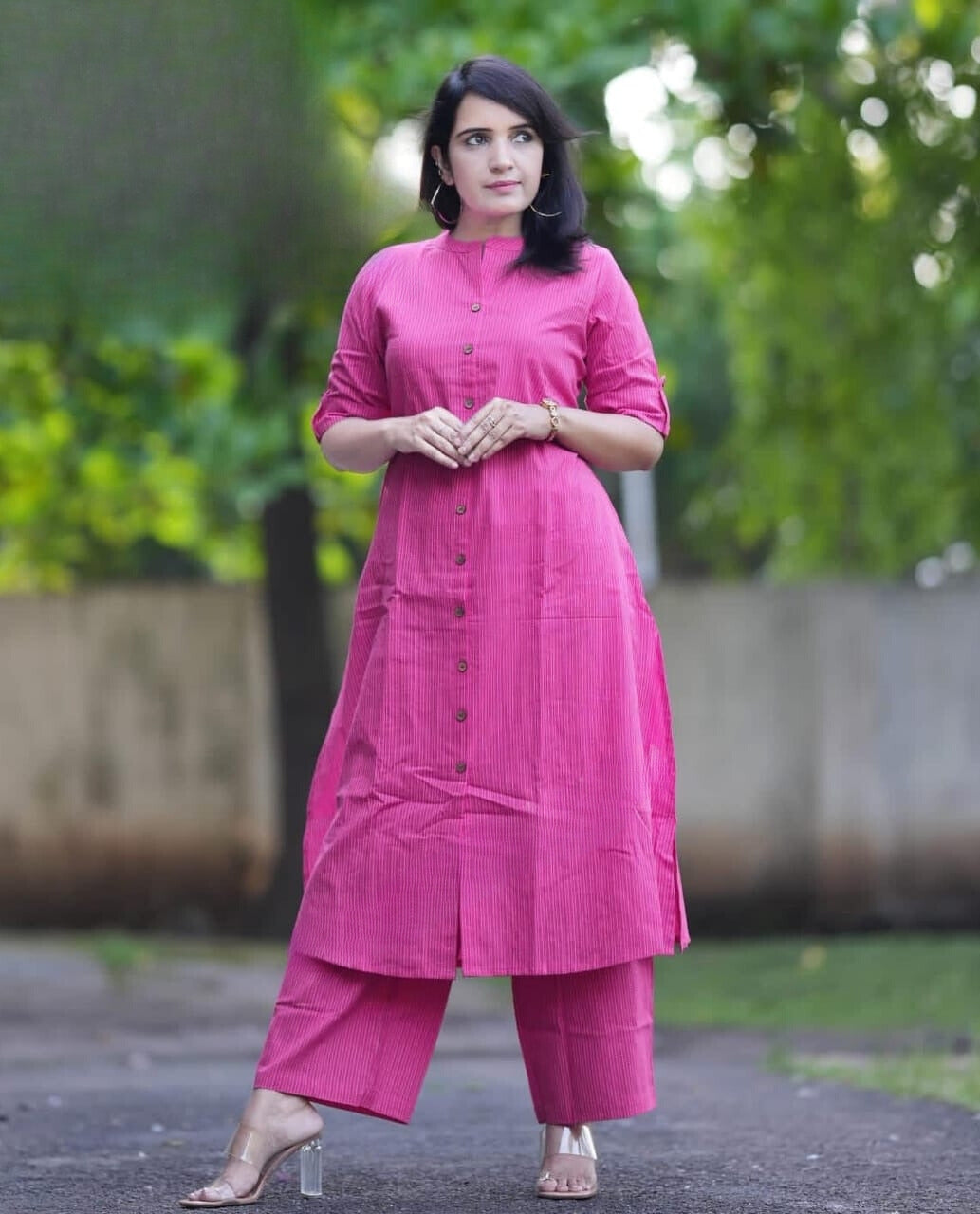 Pink Katha Cotton Kurta and Palazzo Set