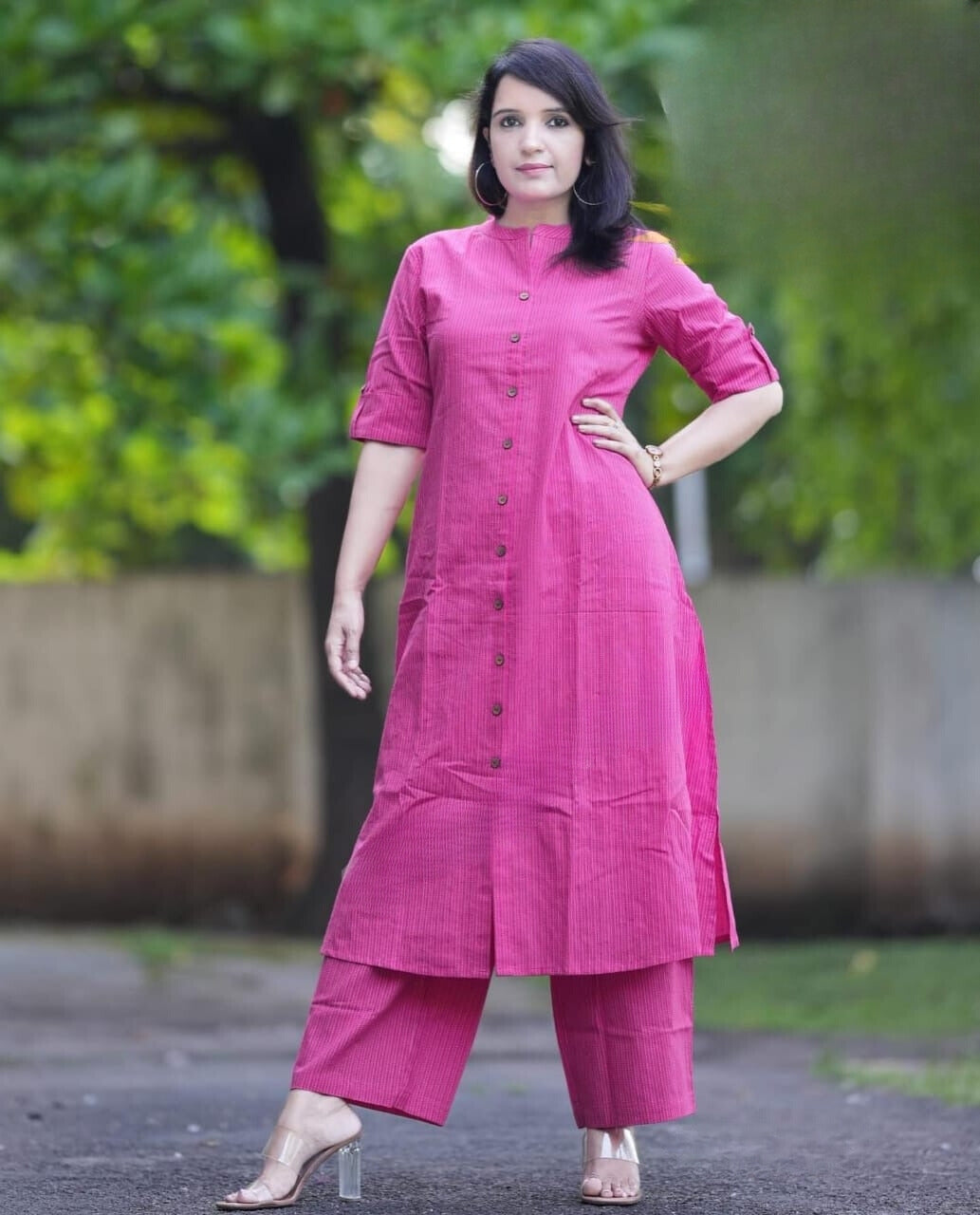 Pink Katha Cotton Kurta and Palazzo Set